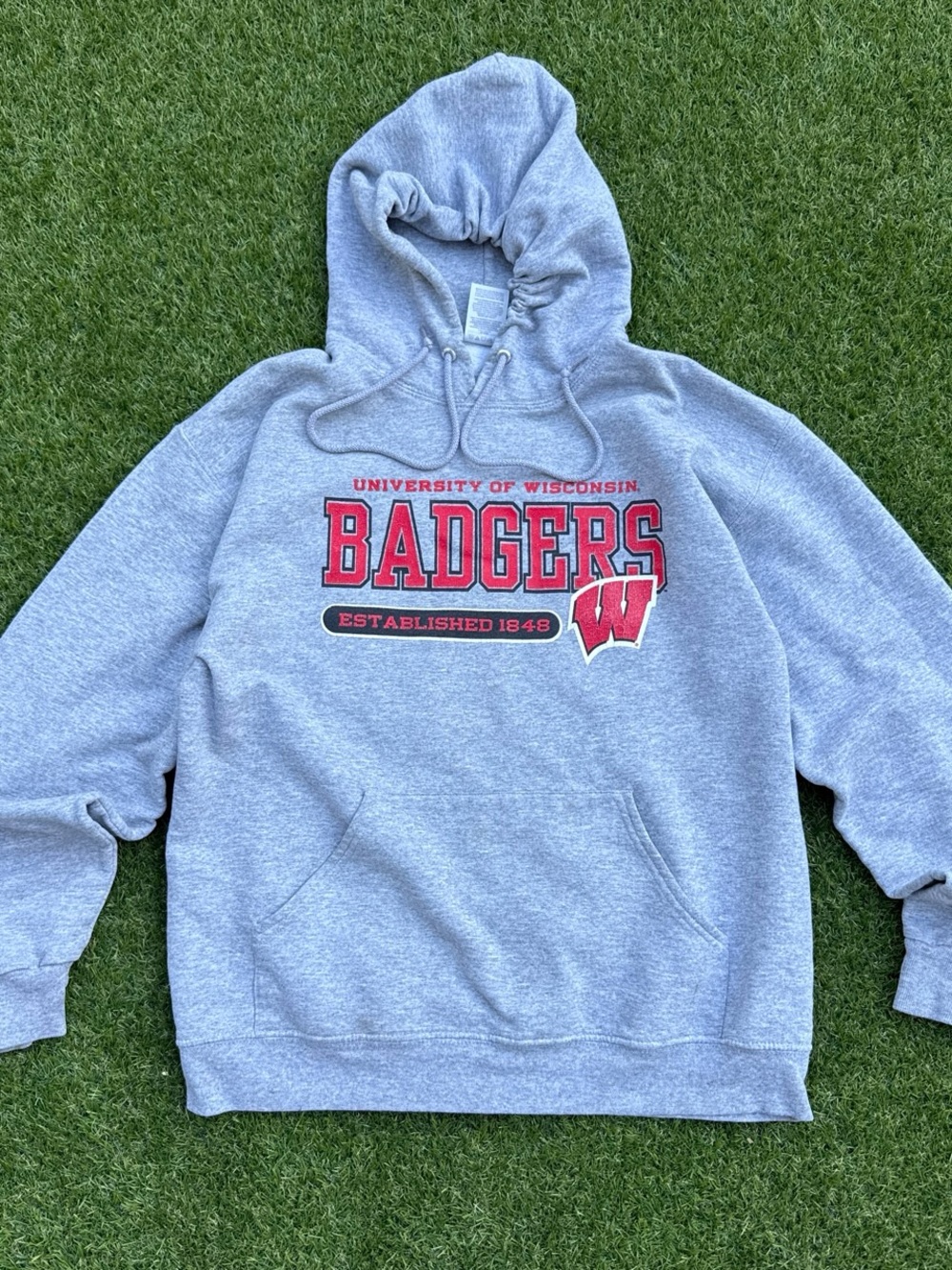 Jerzees Gray Hooded Sweatshirt with Red Badgers Logo